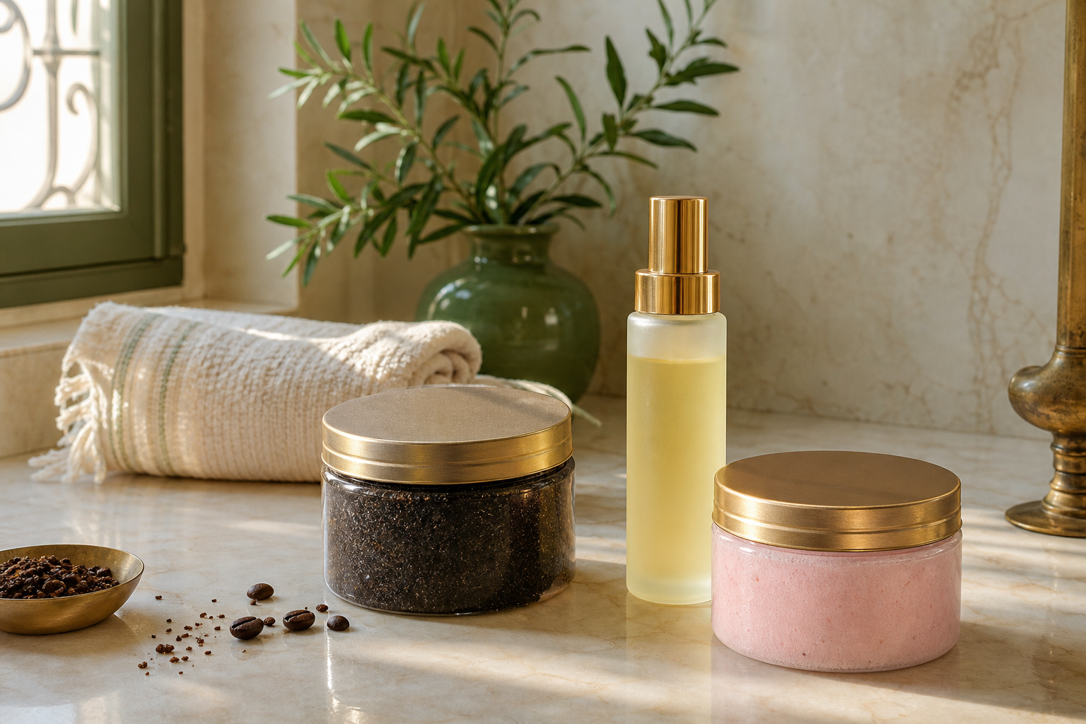 Rituel soin corps naturel SAHRI : gommage café, huile d'argan et beurre de karité sur plan de marbre crème