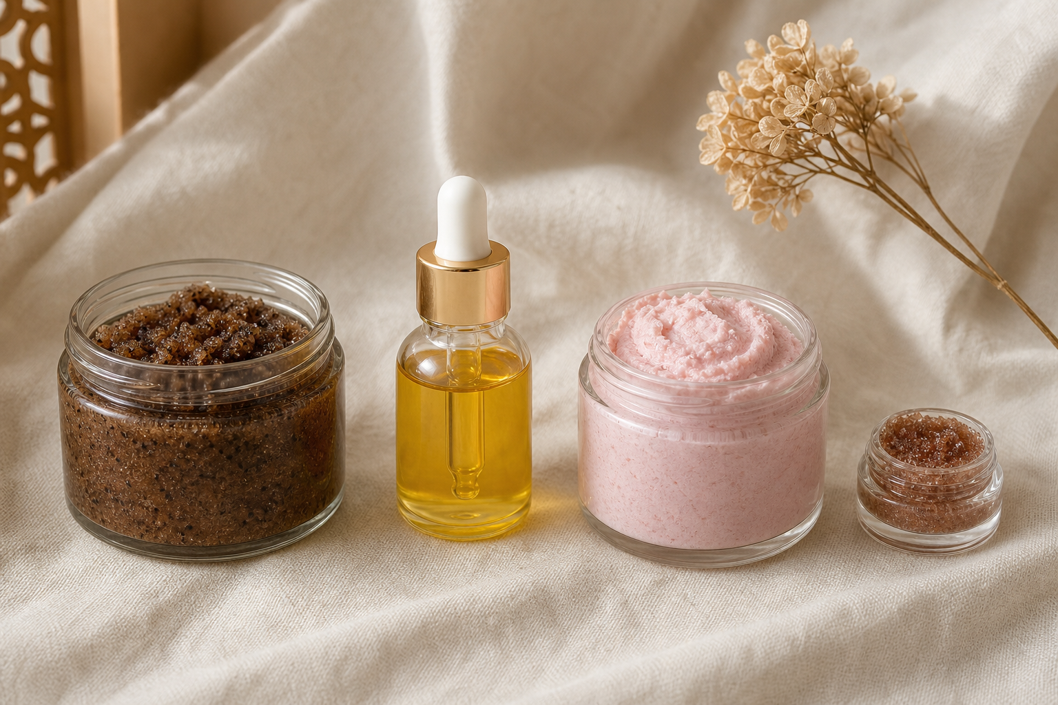 Les 4 étapes du rituel corps SAHRI : gommage café, huile d’argan, beurre de karité et gommage lèvres