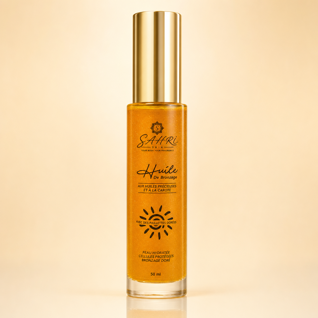 Huile de bronzage Maroc SAHRI SKIN — flacon 50 ml paillettes dorées