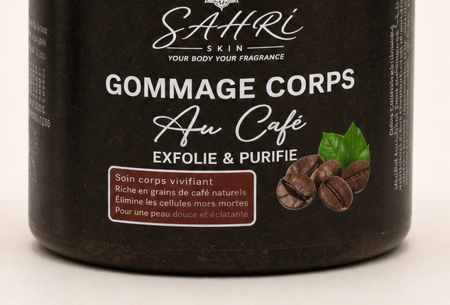 Étiquette du gommage corps au café SAHRI SKIN 200 g fabriqué au Maroc